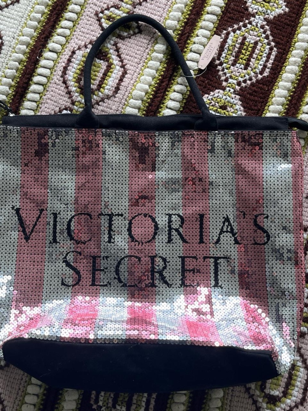 Victoria's Secret Pink and Silver Sequin Stripe Tote